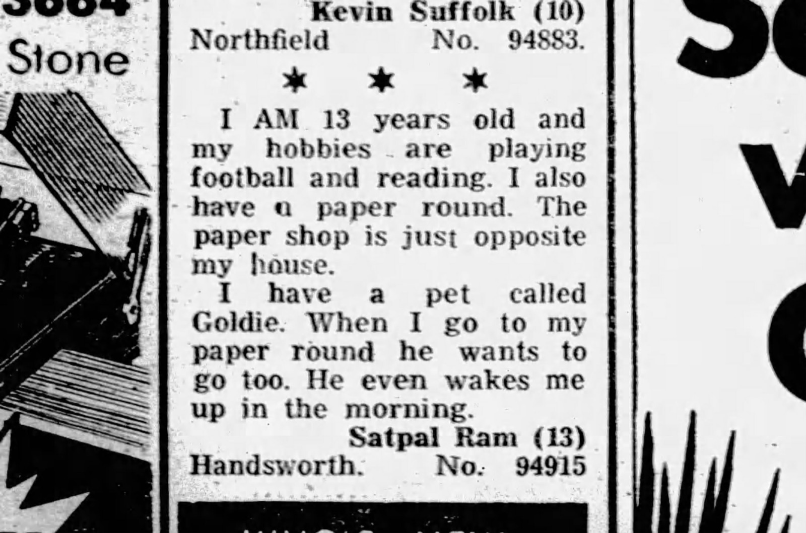 Newspaper clipping: a letter from Satpal Ram, aged 13, to the Birmingham Evening Mail